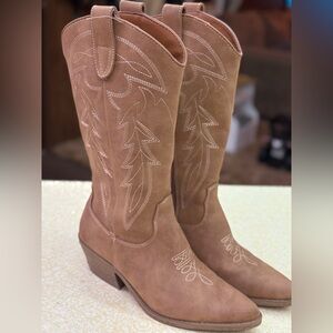 No Boundaries Tan Embroidered Heeled Boots